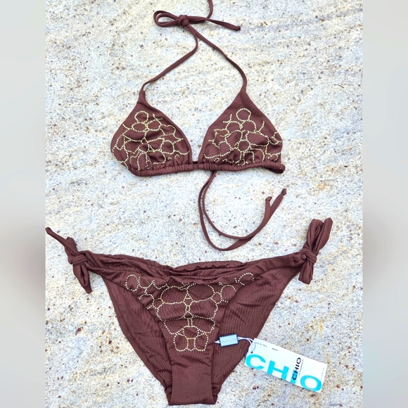 NEW CHIO DI STEFANIA Gold And Brown  Triangle Italian Bikini Set - Picture 1 of 7